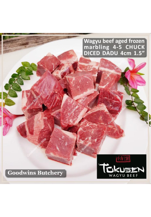 Beef CHUCK WAGYU TOKUSEN marbling <=5 aged frozen diced dadu saikoro 4cm 1.5" (price/pack 600gr 8-9pcs)